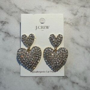 J. Crew Rhinestone Heart Statement Gold Tone Earrings Hypoallergenic NWT